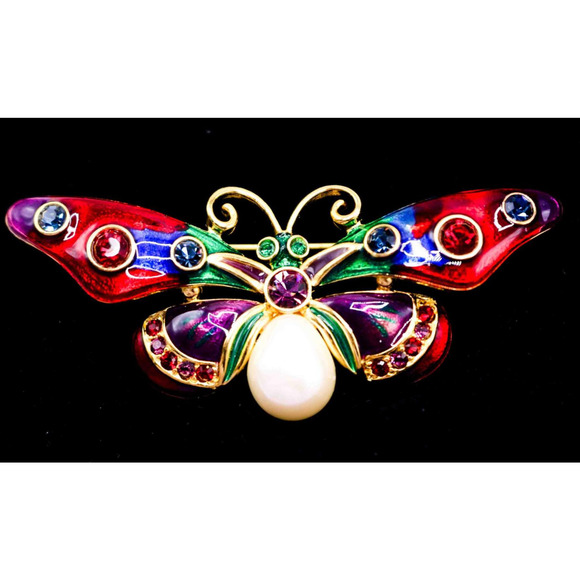 Joan Rivers Butterfly Brooch Pin Faux Pearl Enamel Jewel Rhinestone Signed VTG - Picture 1 of 5